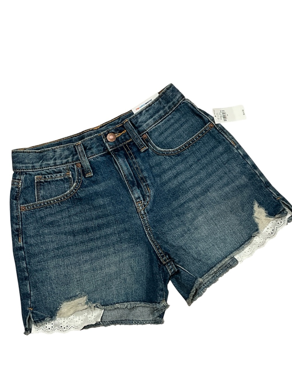 Old Navy Girls Exposed Lace Pocket Denim Shorts in Medium Blue 14